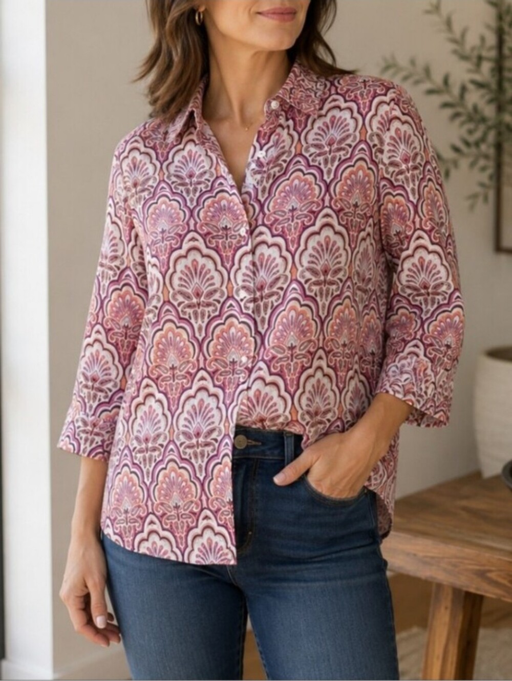 Chicos Linen No Iron 3/4 Sleeve Paisley Medallion Artsy Boho Button Down Shirt